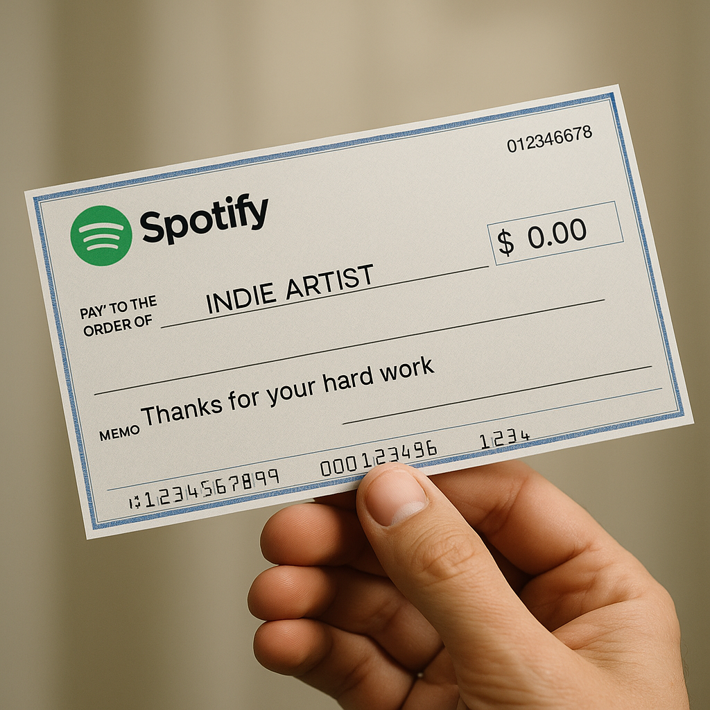 Simulated check from Spotify for $0.00